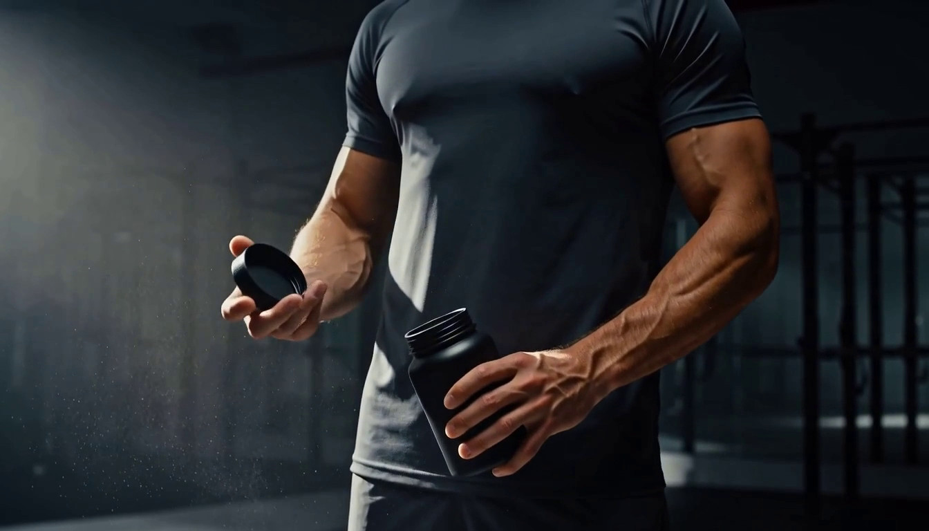 Athlete in training apparel holding a finished protein tub — the consumer the brief is written for
