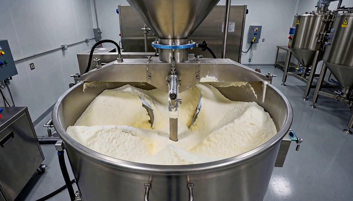 Stainless steel ribbon blender loaded with powder during scale-up